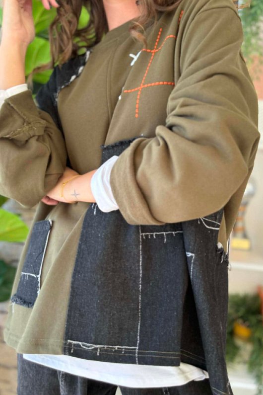 Duran Panel Grid Applique Sweatshirt Khaki